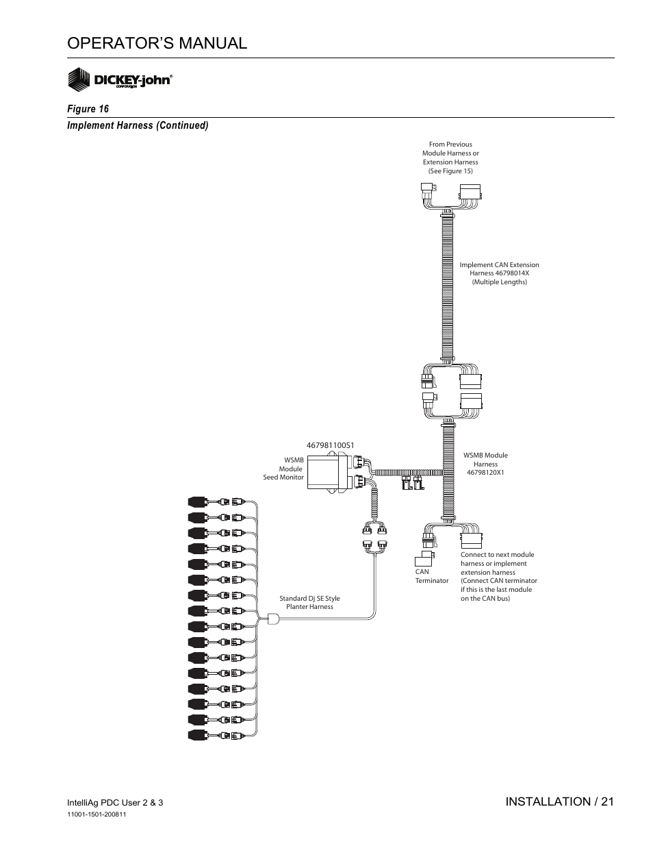 Operator’s manual, Installation / 21, Figure 16 implement harness (continued) | Great Plains DICKEY-john IntelliAg Planter-Drill Control L3 User Manual | Page 29 / 185