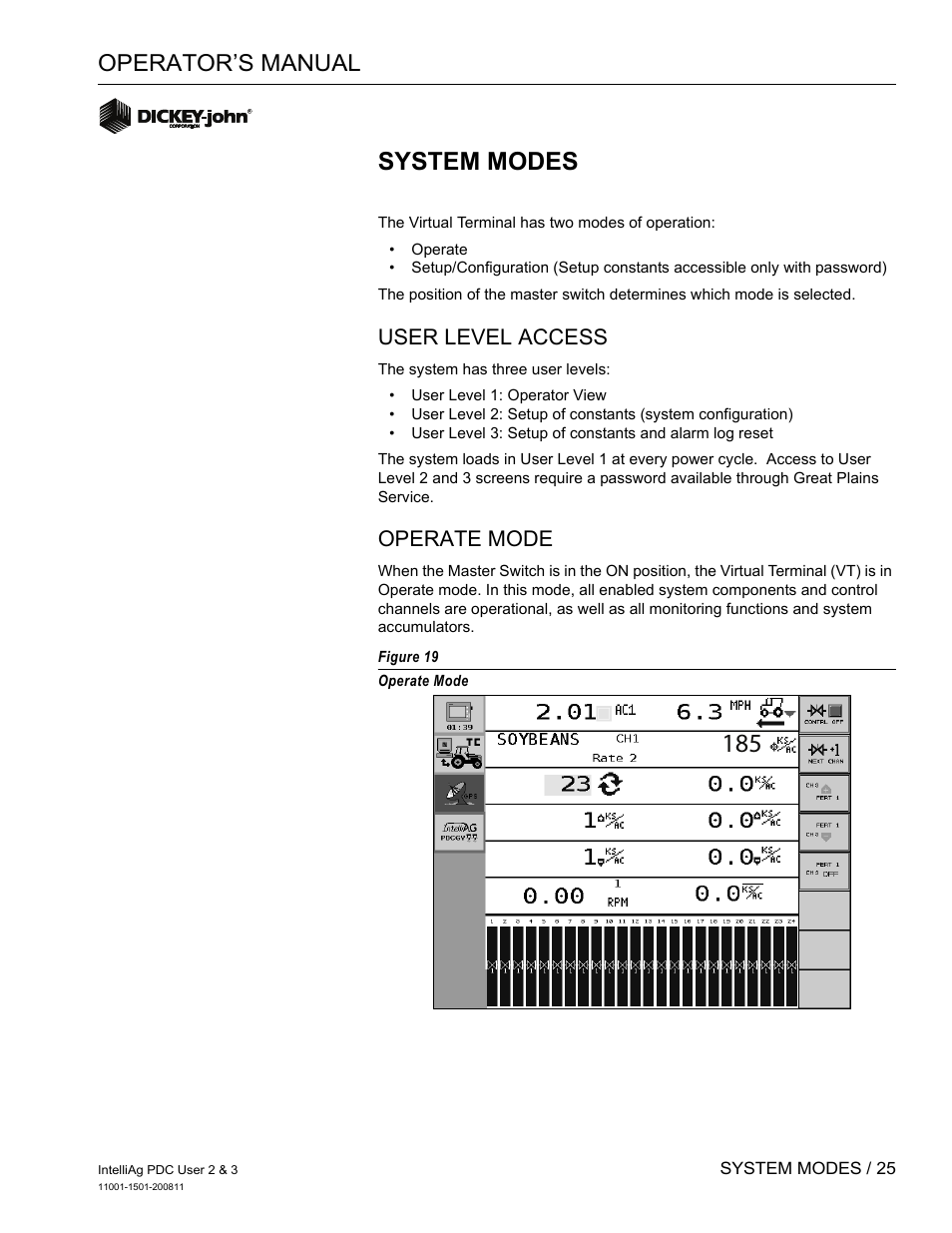 System modes, Operator’s manual, User level access | Operate mode | Great Plains DICKEY-john IntelliAg Planter-Drill Control L3 User Manual | Page 33 / 185