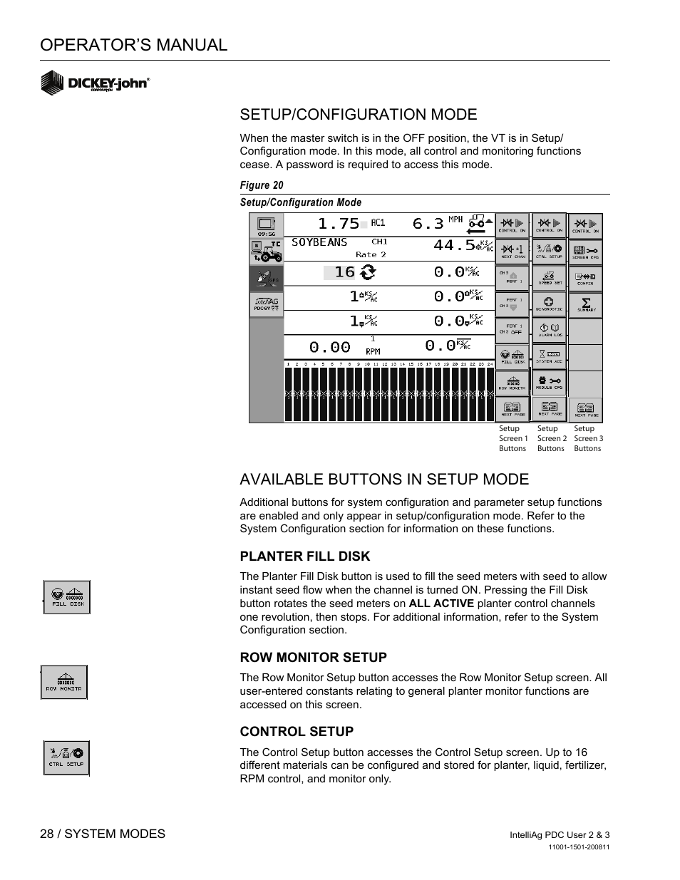 Operator’s manual, Setup/configuration mode, Available buttons in setup mode | Great Plains DICKEY-john IntelliAg Planter-Drill Control L3 User Manual | Page 36 / 185