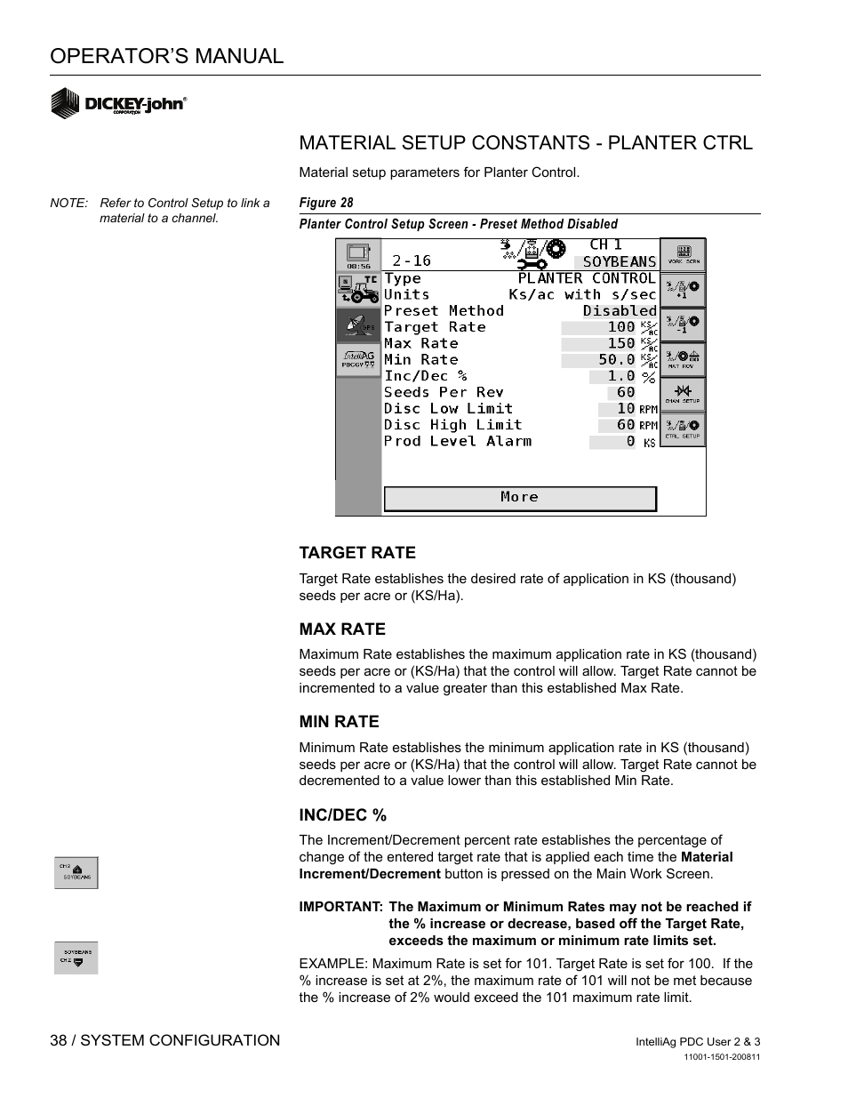 Operator’s manual, Material setup constants - planter ctrl | Great Plains DICKEY-john IntelliAg Planter-Drill Control L3 User Manual | Page 46 / 185