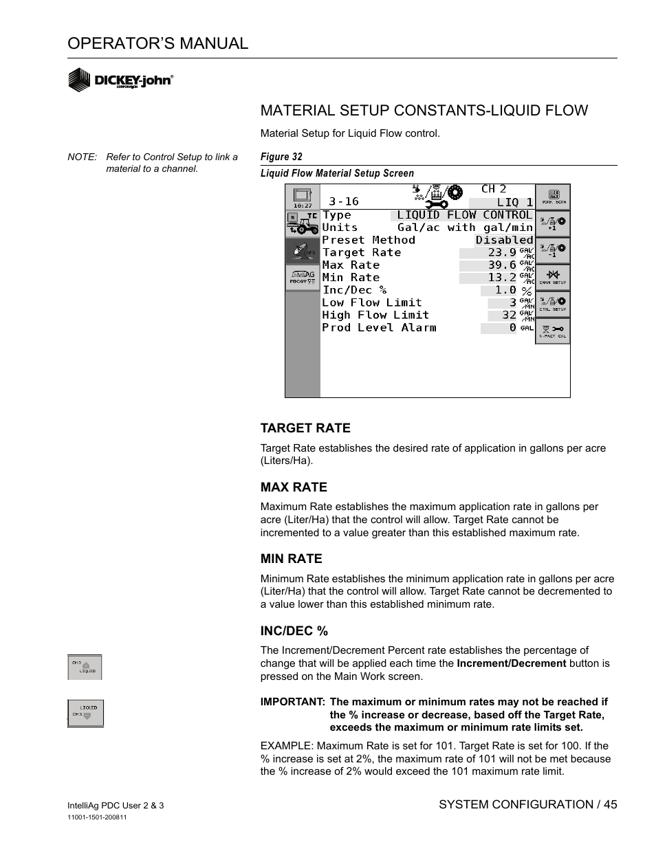 Operator’s manual, Material setup constants-liquid flow | Great Plains DICKEY-john IntelliAg Planter-Drill Control L3 User Manual | Page 53 / 185