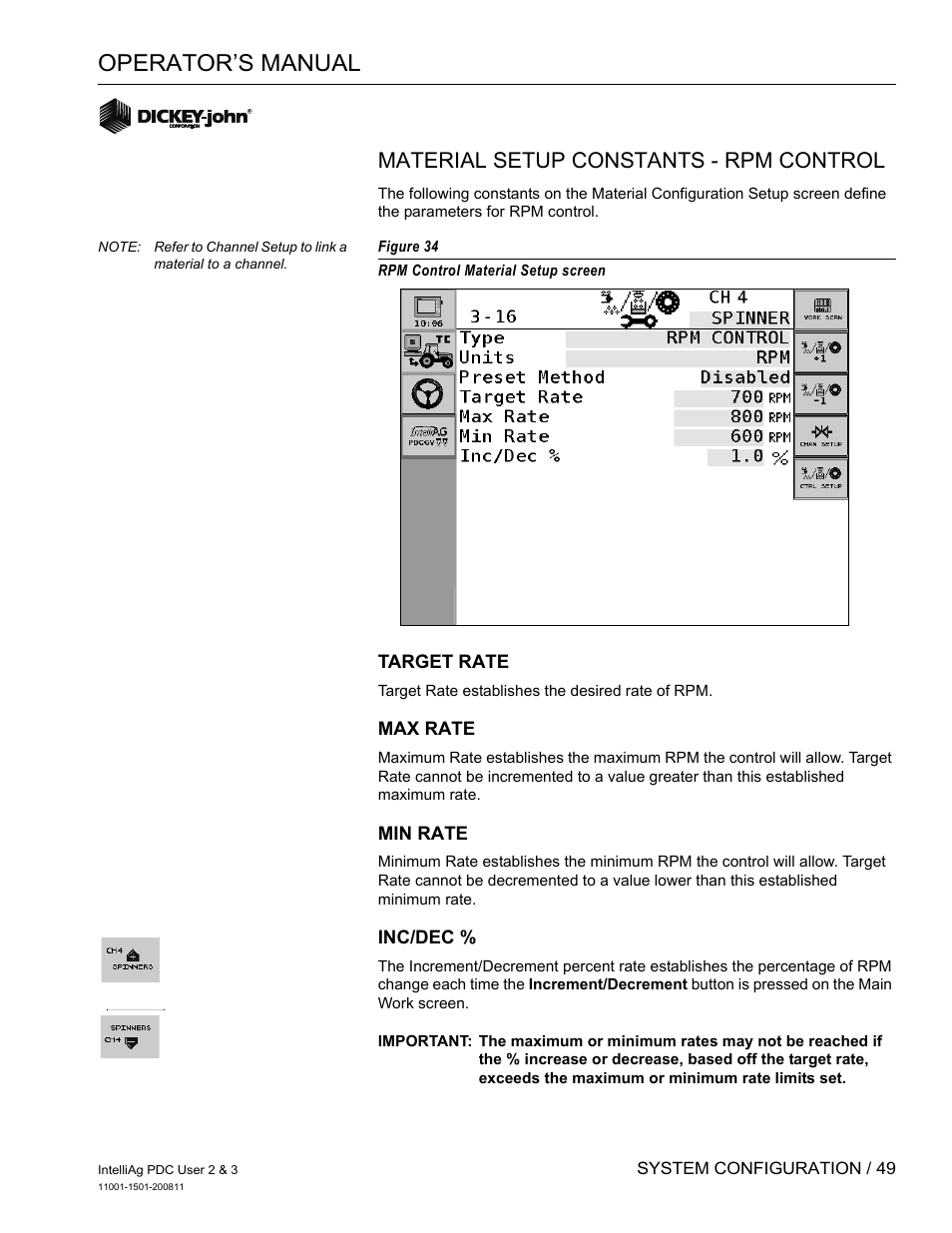 Operator’s manual, Material setup constants - rpm control | Great Plains DICKEY-john IntelliAg Planter-Drill Control L3 User Manual | Page 57 / 185