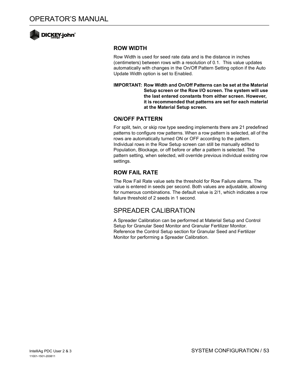 Operator’s manual, Spreader calibration | Great Plains DICKEY-john IntelliAg Planter-Drill Control L3 User Manual | Page 61 / 185