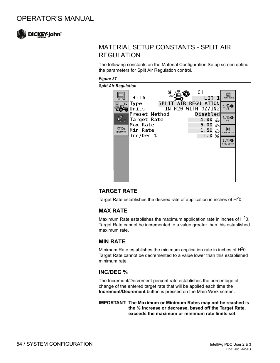 Operator’s manual, Material setup constants - split air regulation | Great Plains DICKEY-john IntelliAg Planter-Drill Control L3 User Manual | Page 62 / 185