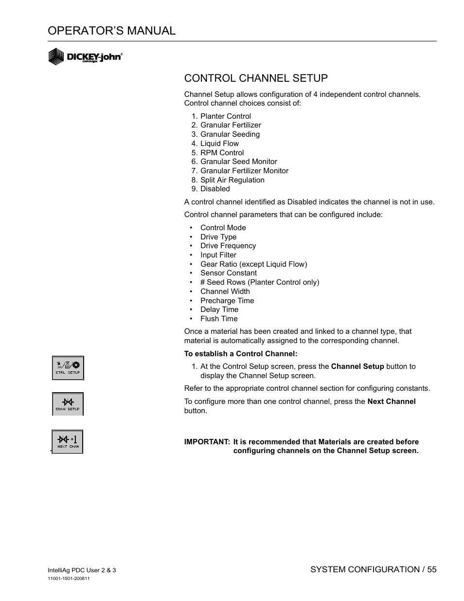 Operator’s manual, Control channel setup | Great Plains DICKEY-john IntelliAg Planter-Drill Control L3 User Manual | Page 63 / 185