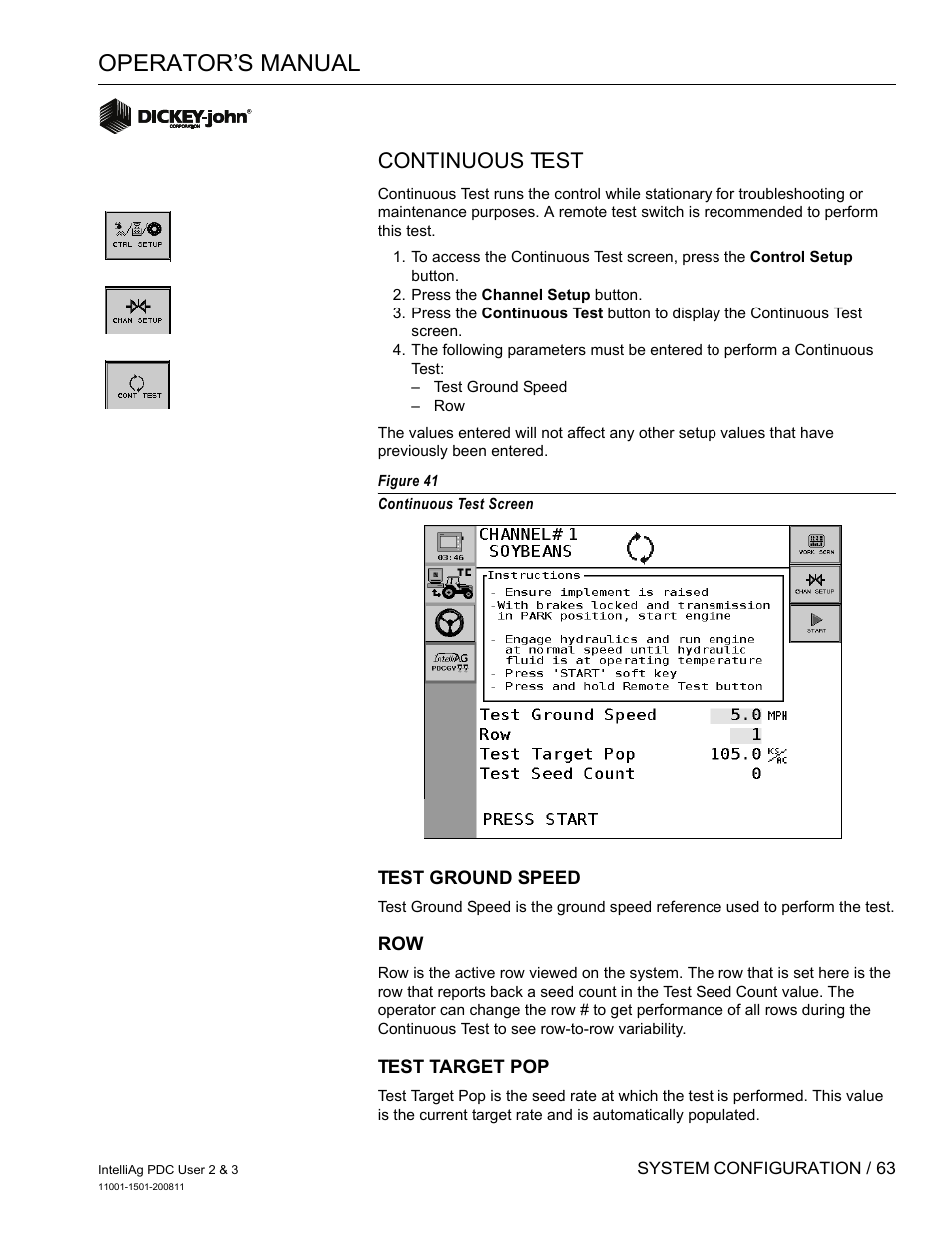 Operator’s manual, Continuous test | Great Plains DICKEY-john IntelliAg Planter-Drill Control L3 User Manual | Page 71 / 185