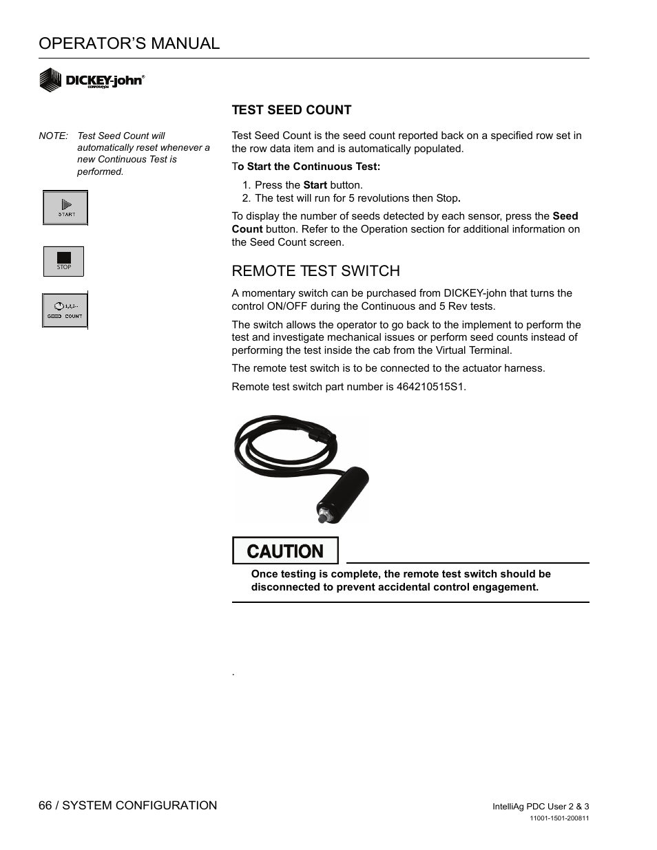 Operator’s manual, Remote test switch | Great Plains DICKEY-john IntelliAg Planter-Drill Control L3 User Manual | Page 74 / 185