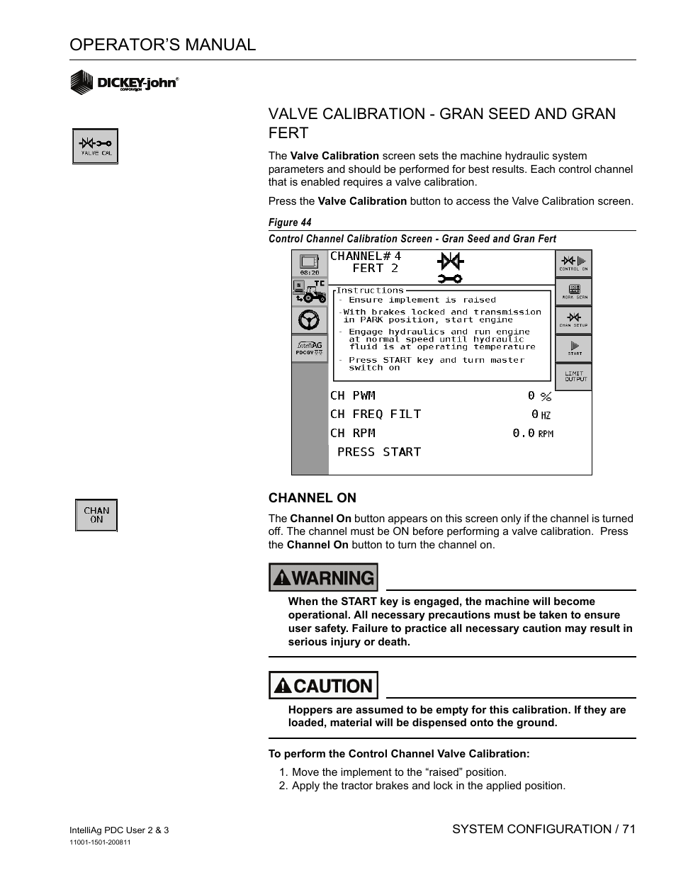 Operator’s manual, Valve calibration - gran seed and gran fert | Great Plains DICKEY-john IntelliAg Planter-Drill Control L3 User Manual | Page 79 / 185