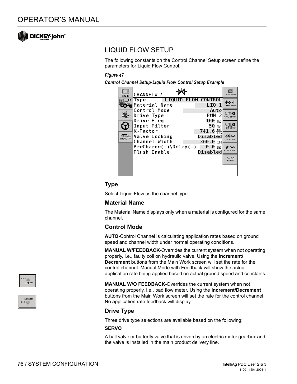 Operator’s manual, Liquid flow setup | Great Plains DICKEY-john IntelliAg Planter-Drill Control L3 User Manual | Page 84 / 185