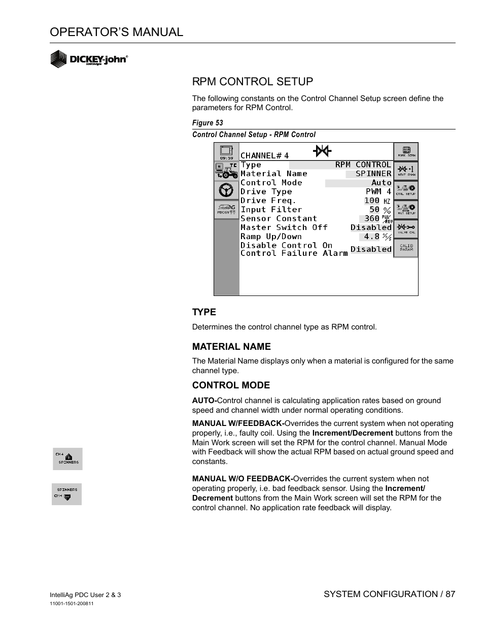 Operator’s manual, Rpm control setup | Great Plains DICKEY-john IntelliAg Planter-Drill Control L3 User Manual | Page 95 / 185