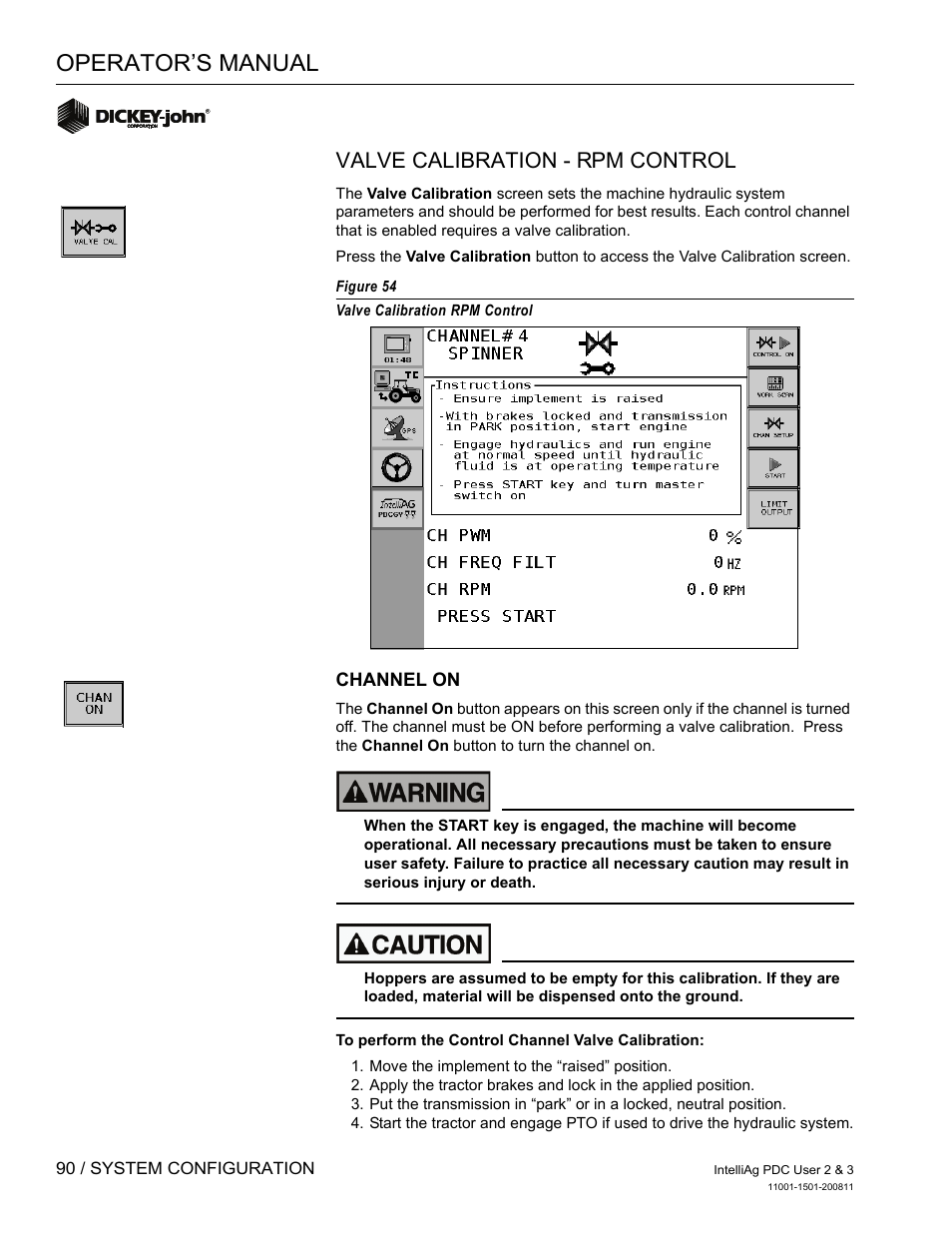 Operator’s manual, Valve calibration - rpm control | Great Plains DICKEY-john IntelliAg Planter-Drill Control L3 User Manual | Page 98 / 185