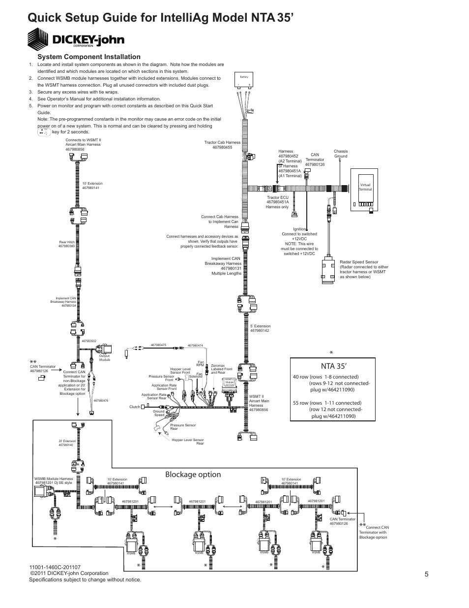 Quick setup guide for intelliag model nta, Nta 35, Blockage option | System component installation | Great Plains DICKEY-john IntelliAg Quick Start User Manual | Page 5 / 6
