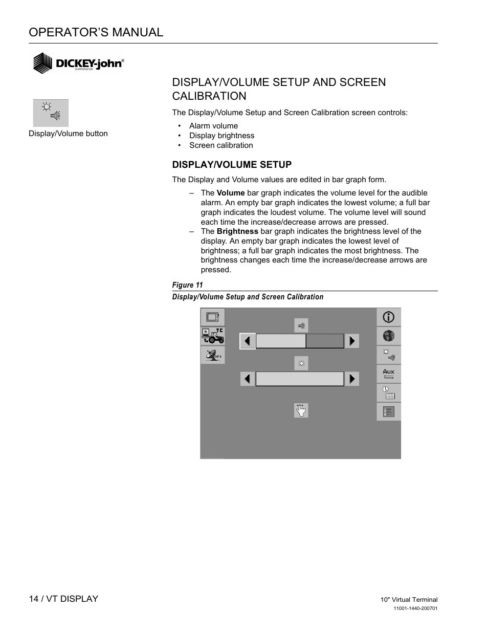 Operator’s manual, Display/volume setup and screen calibration | Great Plains DICKEY-john AI100 10-inch Virtual Terminal User Manual | Page 16 / 73