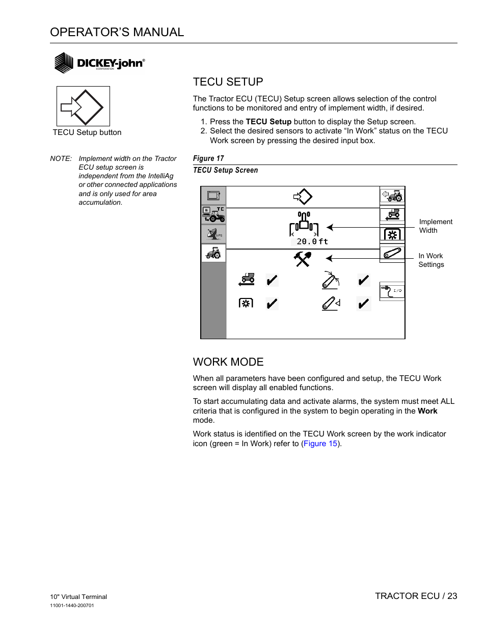 Operator’s manual, Tecu setup, Work mode | Great Plains DICKEY-john AI100 10-inch Virtual Terminal User Manual | Page 25 / 73