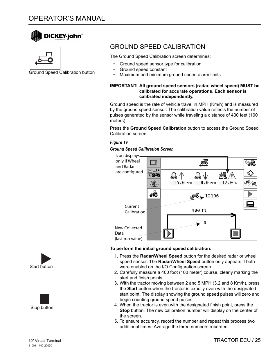 Operator’s manual, Ground speed calibration | Great Plains DICKEY-john AI100 10-inch Virtual Terminal User Manual | Page 27 / 73