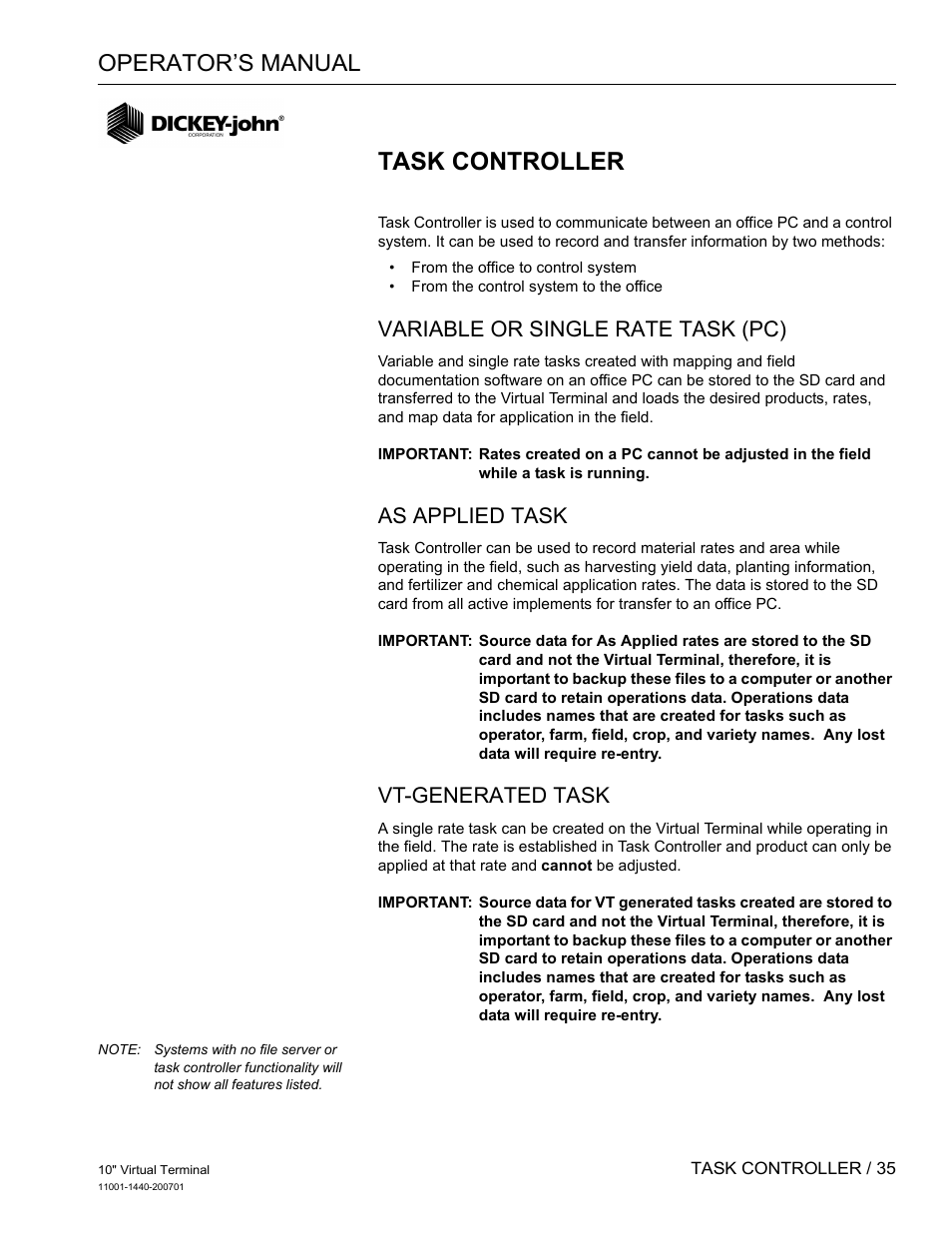 Task controller, Operator’s manual, Variable or single rate task (pc) | As applied task, Vt-generated task | Great Plains DICKEY-john AI100 10-inch Virtual Terminal User Manual | Page 37 / 73