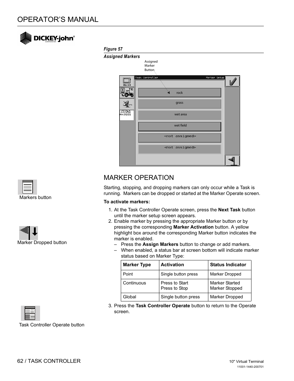 Operator’s manual, Marker operation | Great Plains DICKEY-john AI100 10-inch Virtual Terminal User Manual | Page 64 / 73