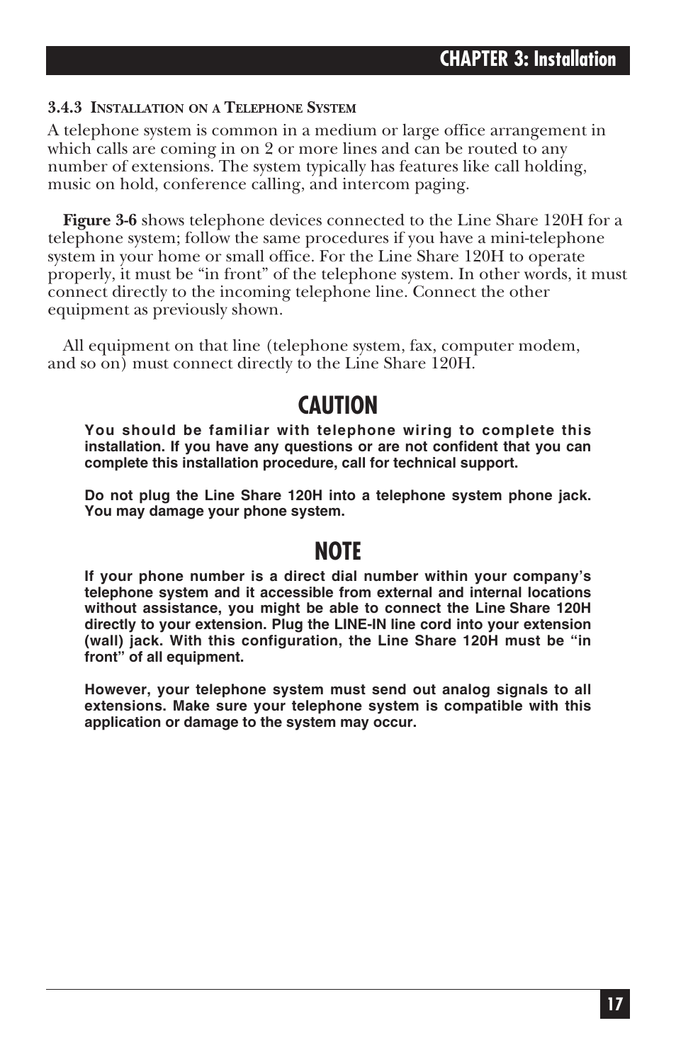 Caution, Chapter 3: installation | Black Box 120H User Manual | Page 16 / 25