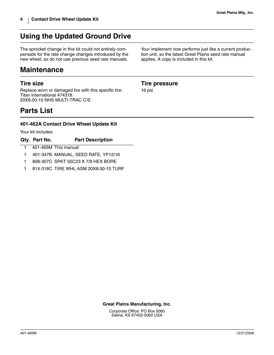 Using the updated ground drive, Maintenance, Tire size | Tire pressure, Parts list, 462a contact drive wheel update kit | Great Plains Contact Drive Wheel Update Kit User Manual | Page 4 / 4