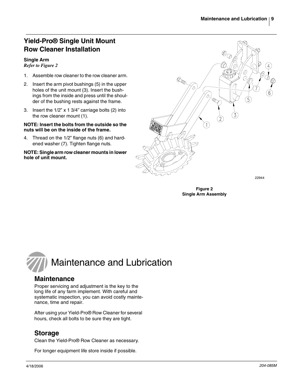 Maintenance and lubrication, Maintenance, Storage | Great Plains Planter Unit-Mount Row Cleaners User Manual | Page 11 / 22