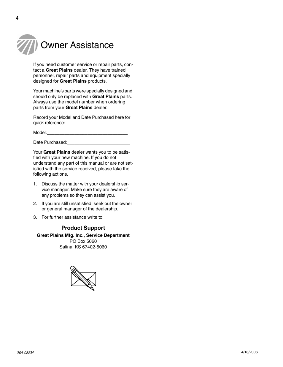 Owner assistance | Great Plains Planter Unit-Mount Row Cleaners User Manual | Page 6 / 22