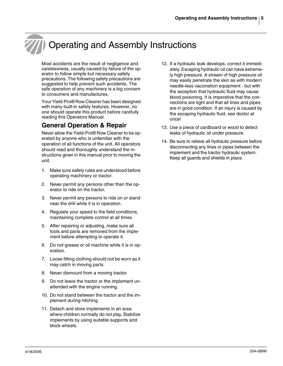 General operation & repair, Operating and assembly instructions | Great Plains Planter Unit-Mount Row Cleaners User Manual | Page 7 / 22
