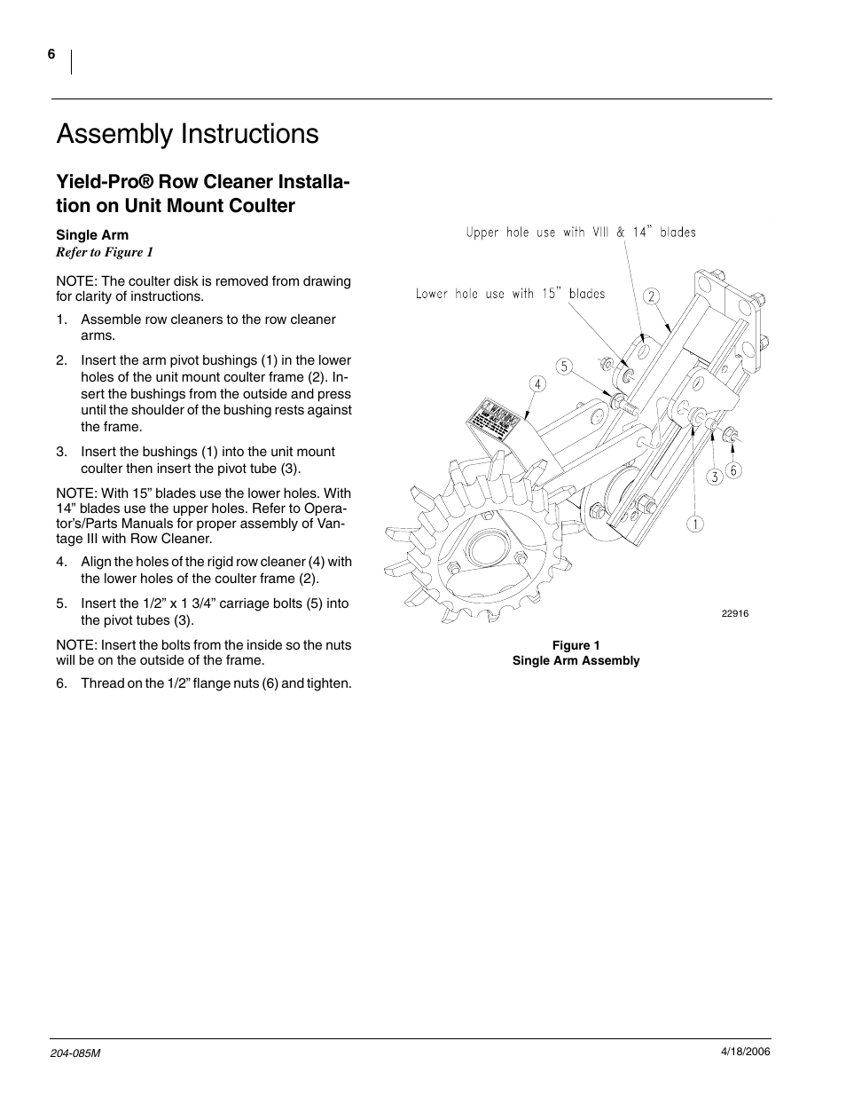 Assembly instructions, Yield-pro® row cleaner installation single arm, Yield-pro® row cleaner installation double arm | Great Plains Planter Unit-Mount Row Cleaners User Manual | Page 8 / 22