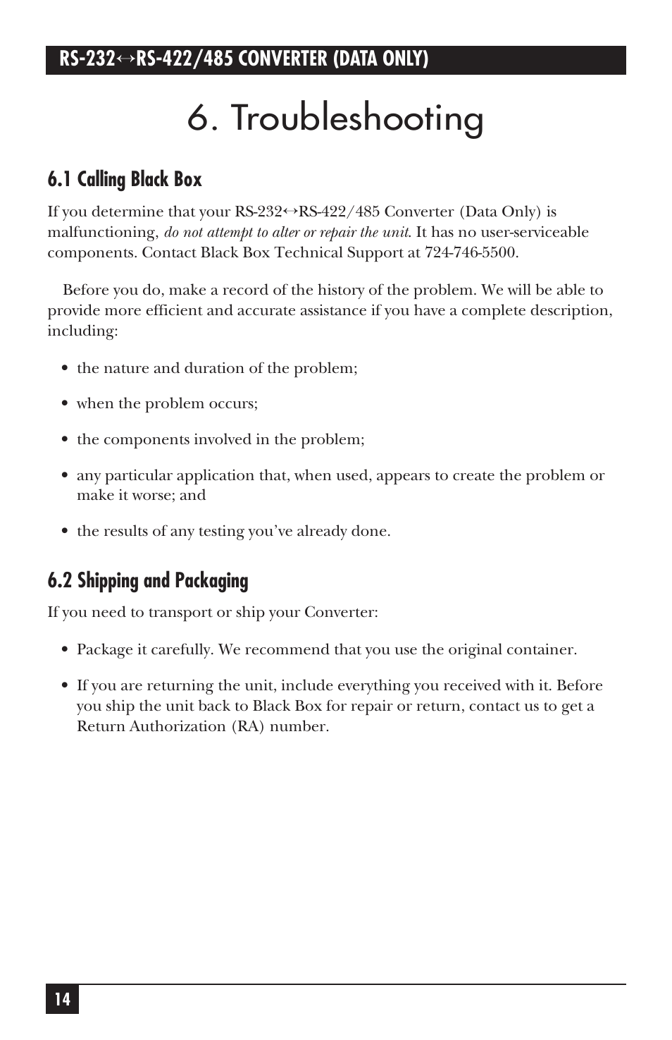 Troubleshooting, 1 calling black box, 2 shipping and packaging | Black Box IC107A-R3 User Manual | Page 15 / 20