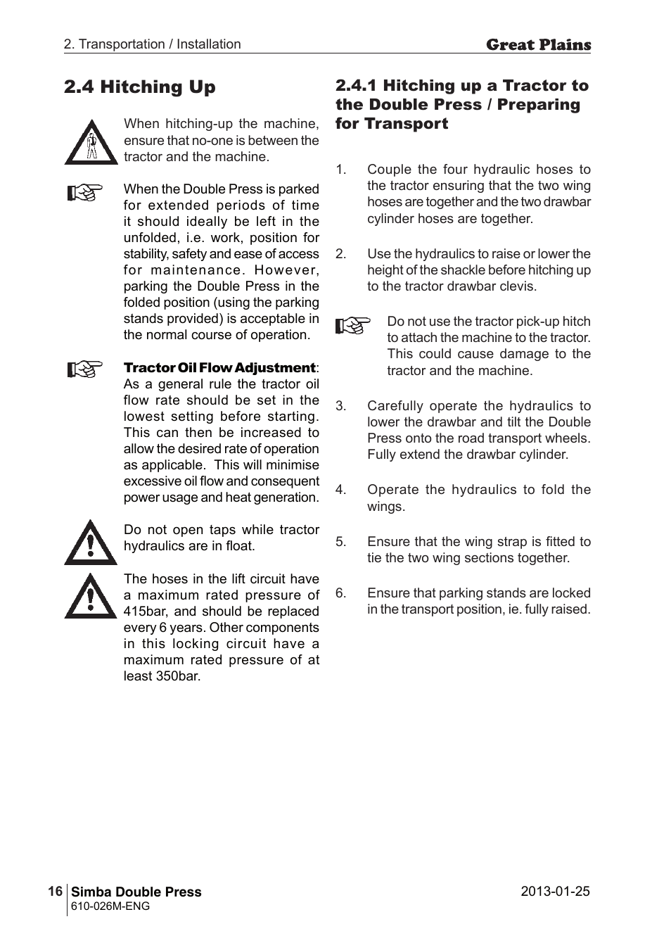 4 hitching up | Great Plains Simba Double Press 2013 Operator Manual User Manual | Page 16 / 40