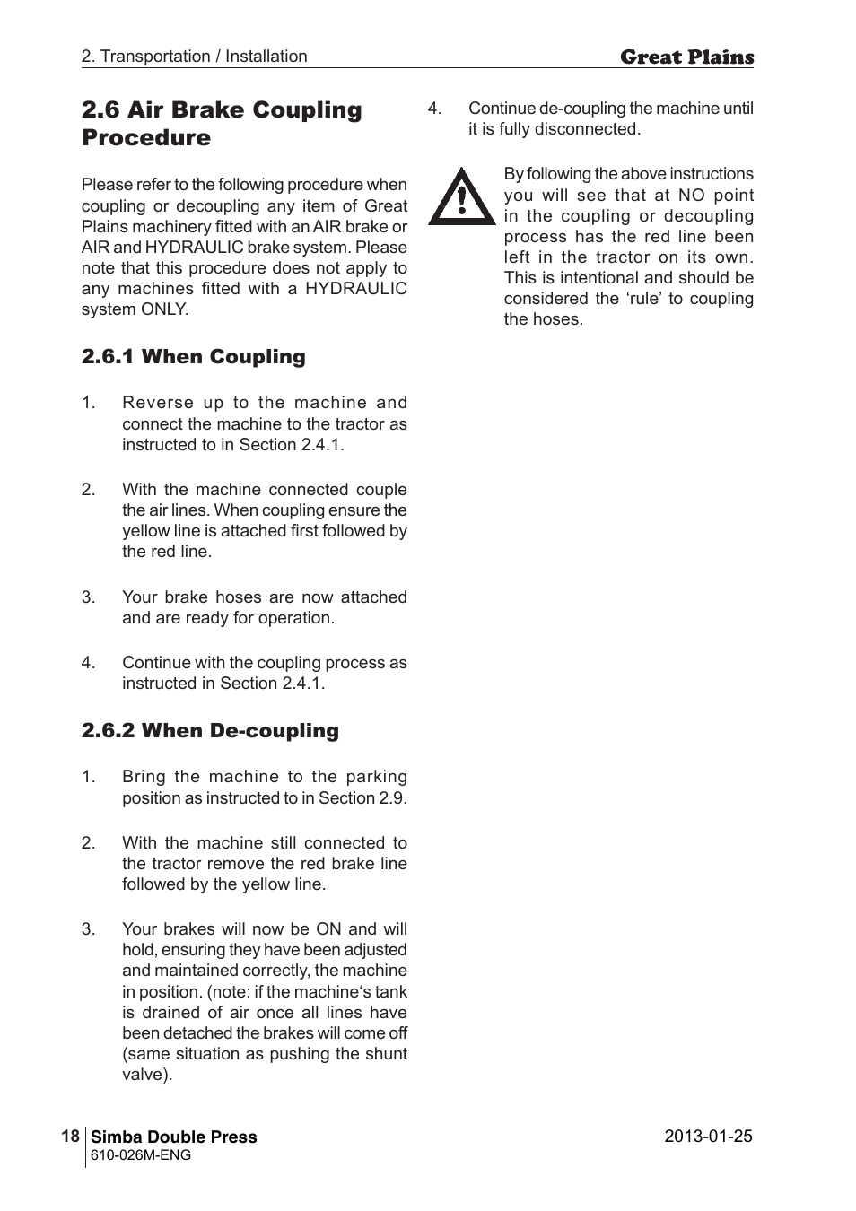 6 air brake coupling procedure | Great Plains Simba Double Press 2013 Operator Manual User Manual | Page 18 / 40