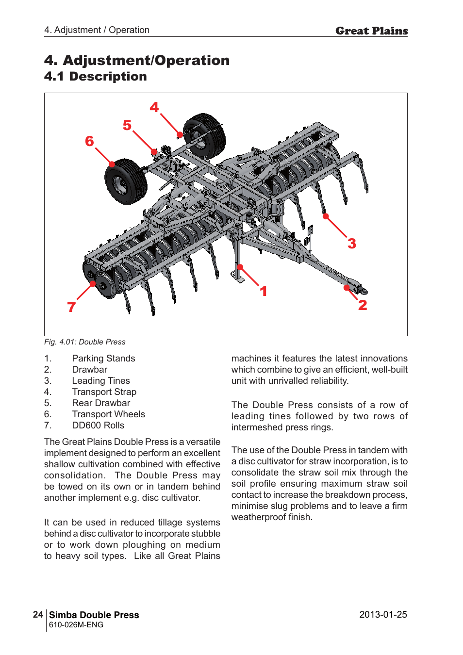 Adjustment/operation, 1 description | Great Plains Simba Double Press 2013 Operator Manual User Manual | Page 24 / 40