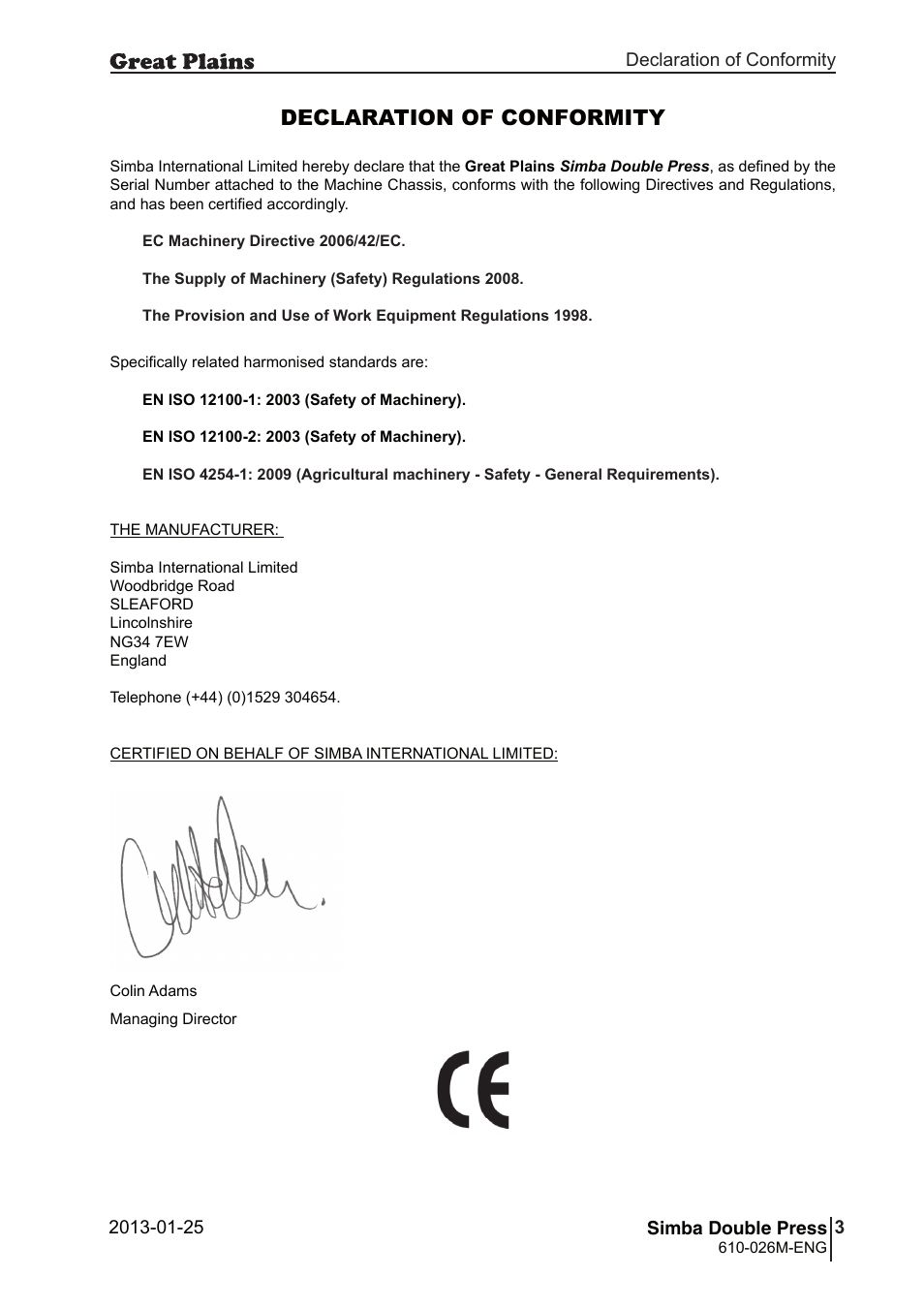 Declaration of conformity | Great Plains Simba Double Press 2013 Operator Manual User Manual | Page 3 / 40