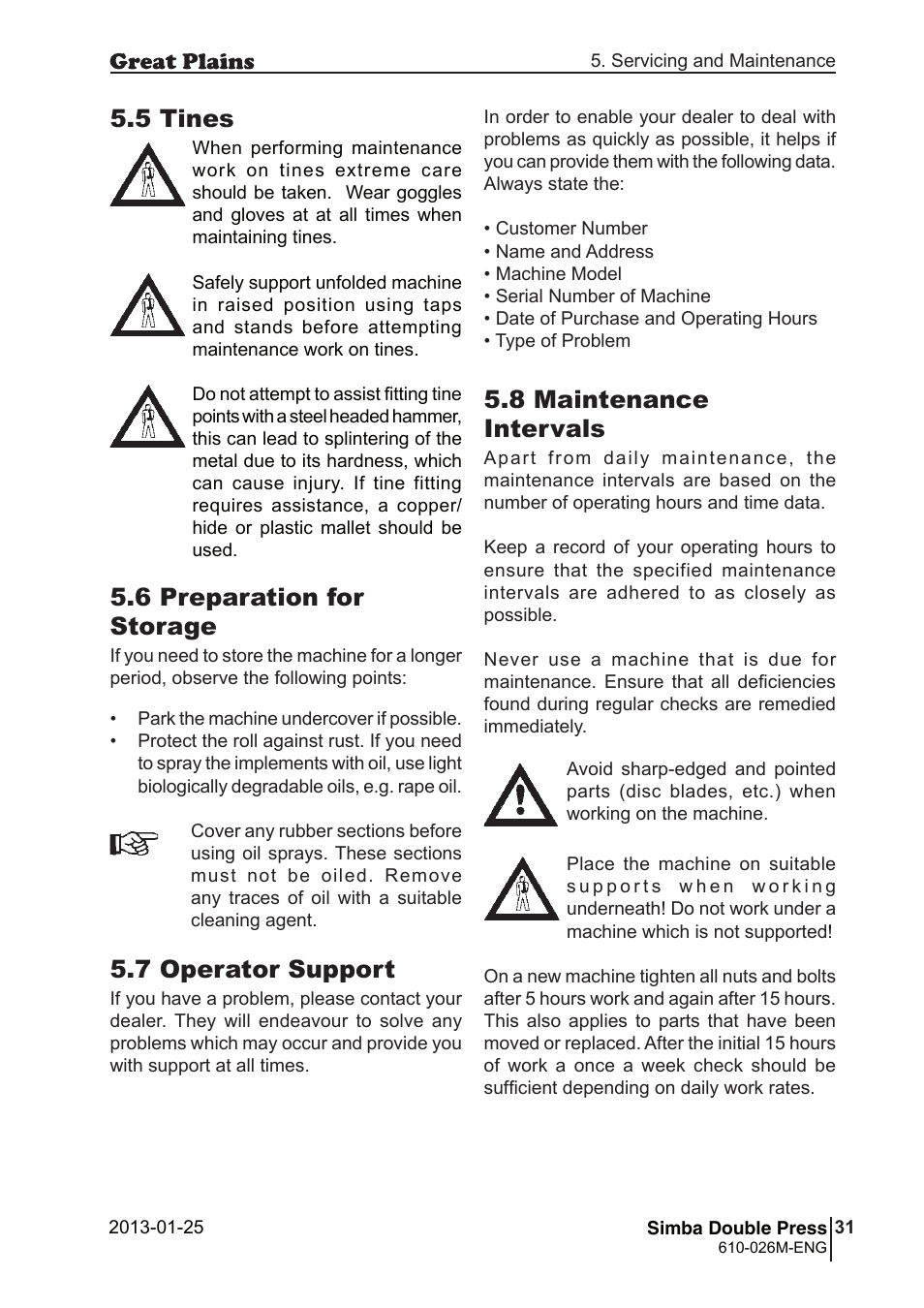 7 operator support, 6 preparation for storage, 5 tines | 8 maintenance intervals | Great Plains Simba Double Press 2013 Operator Manual User Manual | Page 31 / 40
