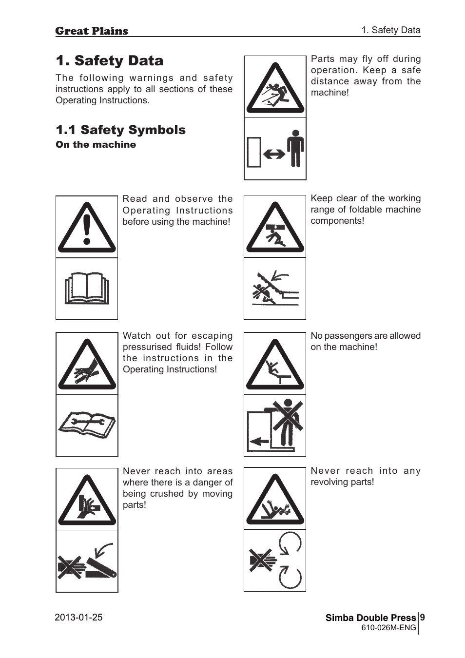 Safety data, 1 safety symbols | Great Plains Simba Double Press 2013 Operator Manual User Manual | Page 9 / 40
