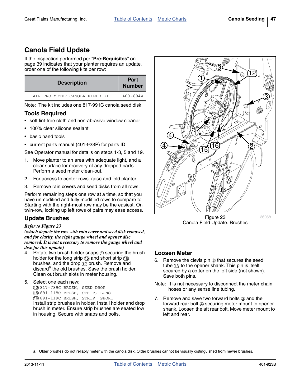 Canola field update, Tools required, Update brushes | Loosen meter, Tools required update brushes loosen meter | Great Plains YP825AR Material Rate User Manual | Page 51 / 124