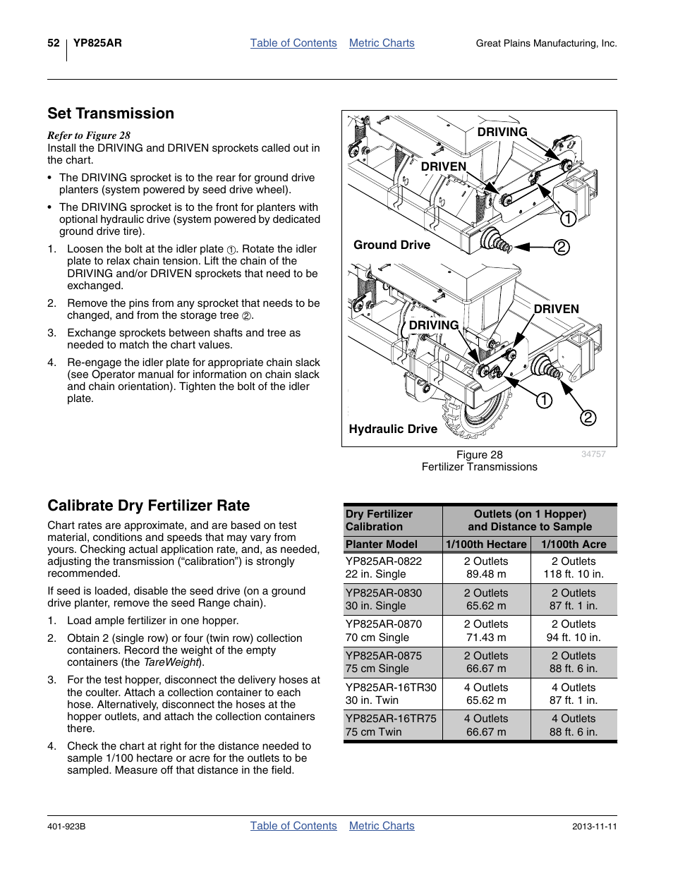 Set transmission, Calibrate dry fertilizer rate, Set transmission calibrate dry fertilizer rate | Ue at “ set transmission | Great Plains YP825AR Material Rate User Manual | Page 56 / 124