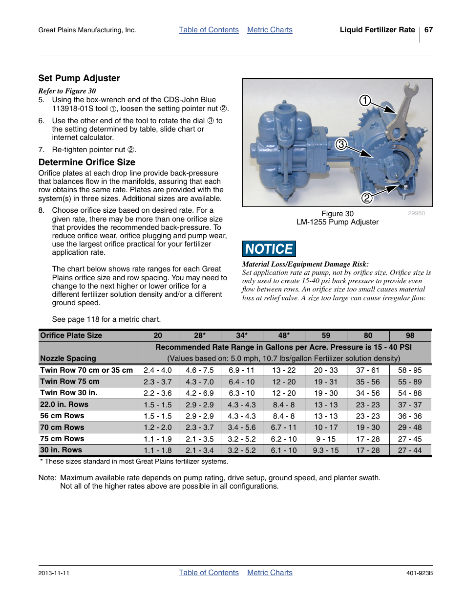 Set pump adjuster, Determine orifice size, Set pump adjuster determine orifice size | Great Plains YP825AR Material Rate User Manual | Page 71 / 124