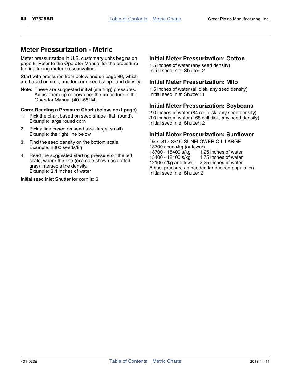 Meter pressurization - metric, Initial meter pressurization: cotton, Initial meter pressurization: milo | Initial meter pressurization: soybeans, Initial meter pressurization: sunflower | Great Plains YP825AR Material Rate User Manual | Page 88 / 124