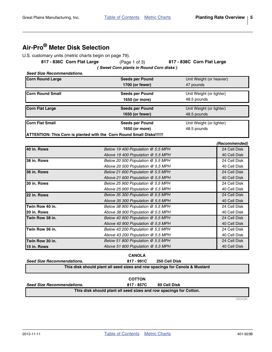 Air-pro® meter disk selection, Air-pro, Meter disk selection | Great Plains YP825AR Material Rate User Manual | Page 9 / 124