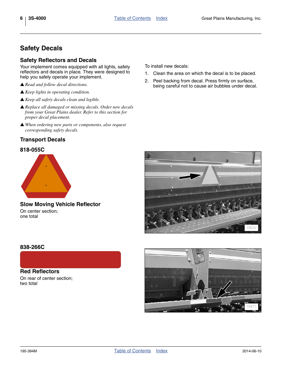 Safety decals, Safety reflectors and decals, Transport decals | 055c slow moving vehicle reflector, 266c red reflectors | Great Plains 3S-4000F Operator Manual User Manual | Page 10 / 114