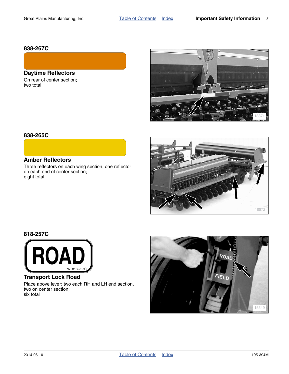 267c daytime reflectors, 265c amber reflectors, 257c transport lock road | Road | Great Plains 3S-4000F Operator Manual User Manual | Page 11 / 114
