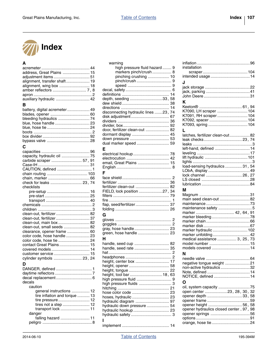 Index | Great Plains 3S-4000F Operator Manual User Manual | Page 111 / 114