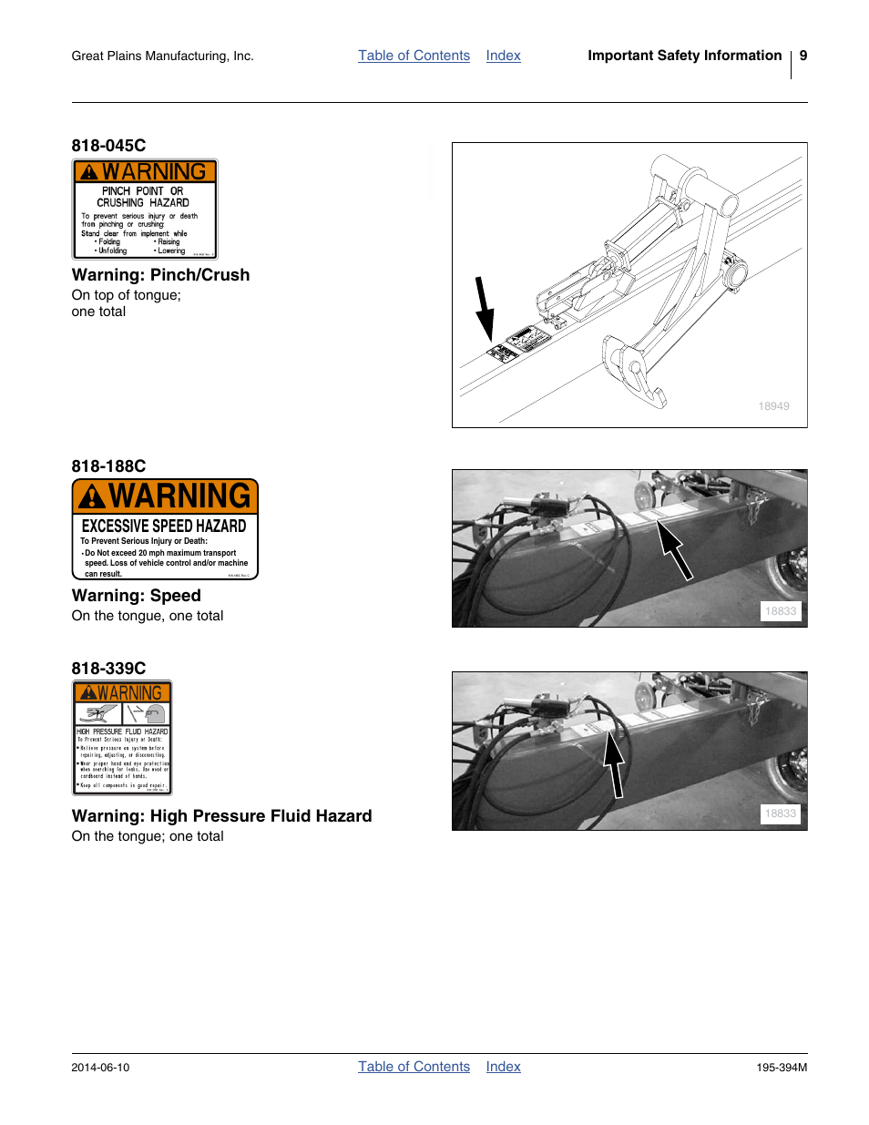 045c warning: pinch/crush, 188c warning: speed, 339c warning: high pressure fluid hazard | Warning, Excessive speed hazard | Great Plains 3S-4000F Operator Manual User Manual | Page 13 / 114