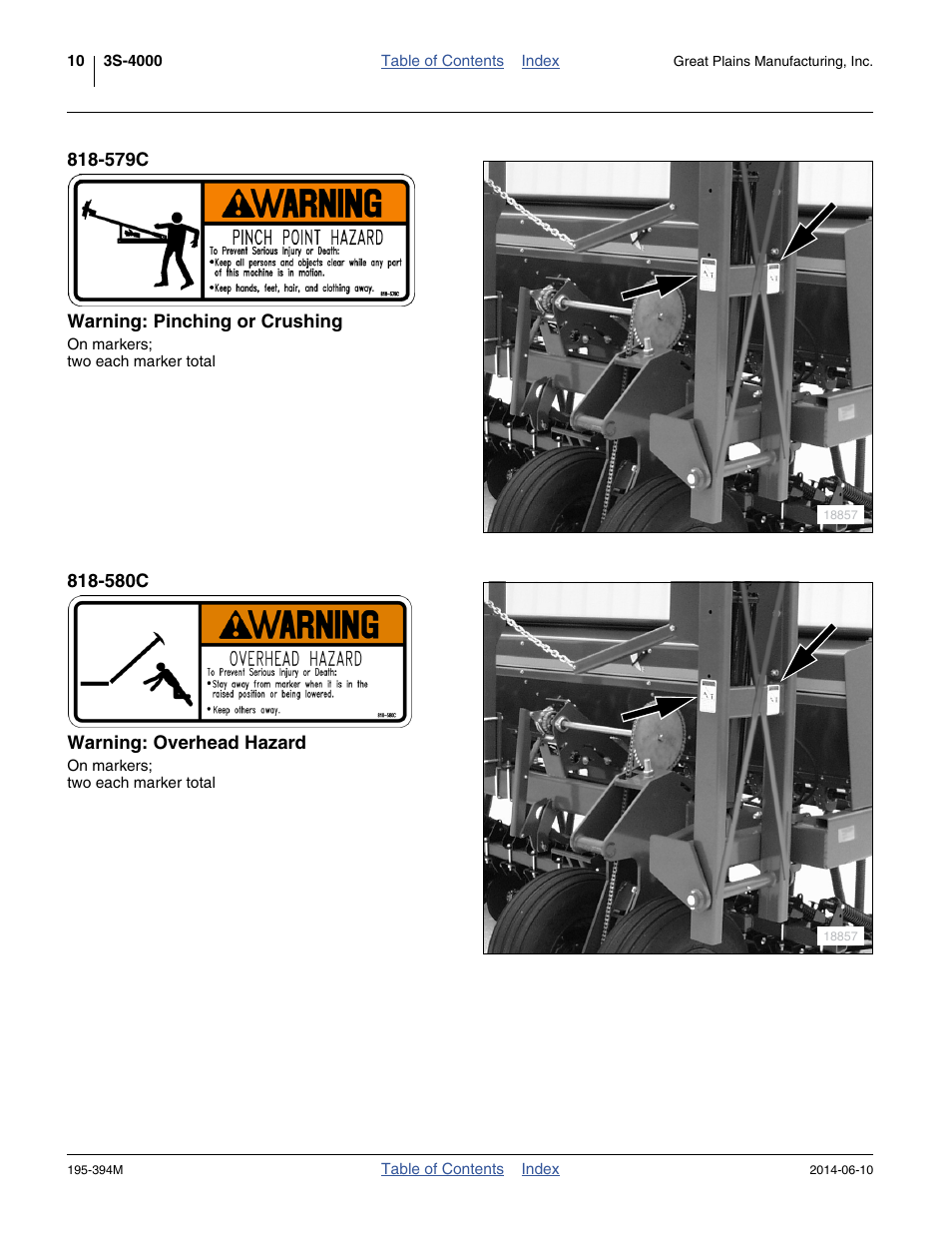 579c warning: pinching or crushing, 580c warning: overhead hazard | Great Plains 3S-4000F Operator Manual User Manual | Page 14 / 114