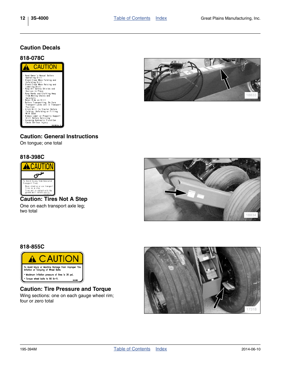 Caution decals, 078c caution: general instructions, 398c caution: tires not a step | 855c caution: tire pressure and torque, Caution | Great Plains 3S-4000F Operator Manual User Manual | Page 16 / 114