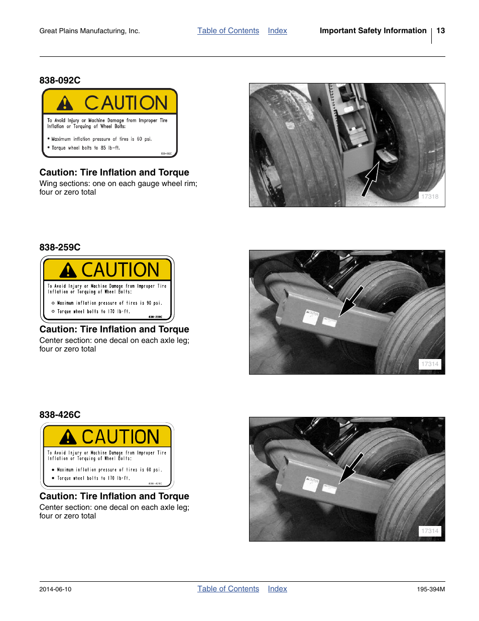092c caution: tire inflation and torque, 259c caution: tire inflation and torque, 426c caution: tire inflation and torque | Caution | Great Plains 3S-4000F Operator Manual User Manual | Page 17 / 114