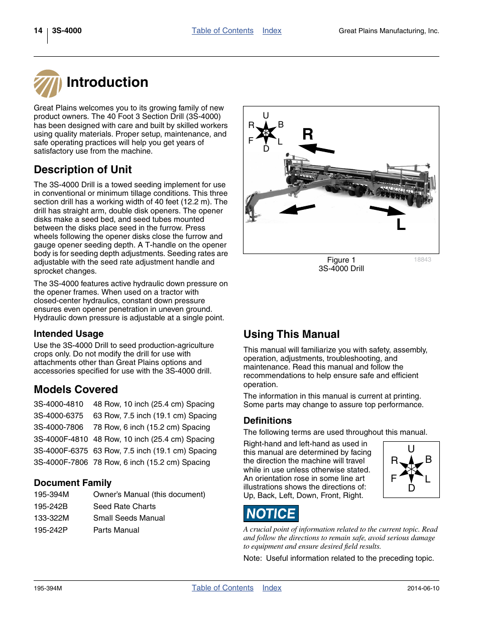 Introduction, Description of unit, Intended usage | Models covered, Document family, Using this manual, Definitions, Introduction description of unit | Great Plains 3S-4000F Operator Manual User Manual | Page 18 / 114