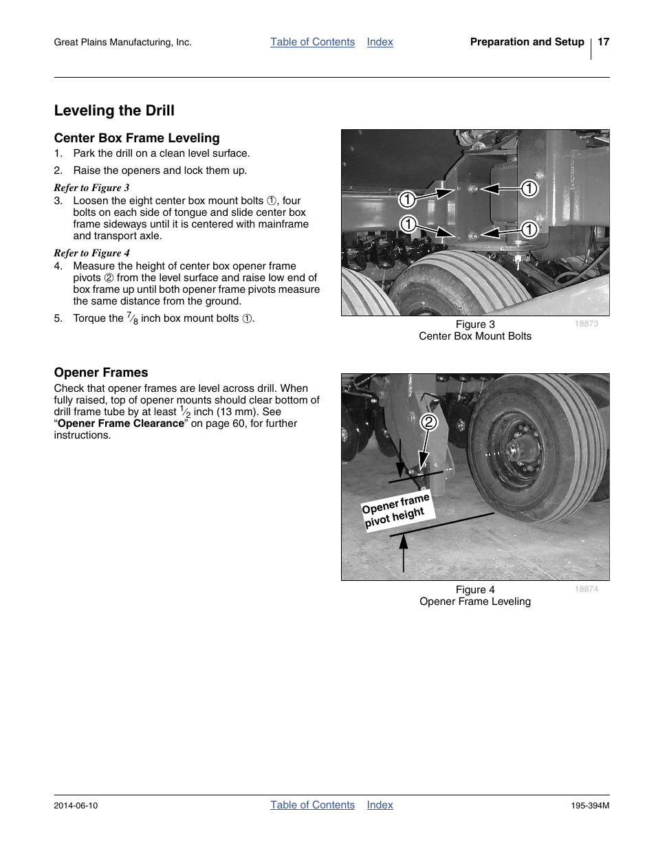 Leveling the drill, Center box frame leveling, Opener frames | Center box frame leveling opener frames | Great Plains 3S-4000F Operator Manual User Manual | Page 21 / 114