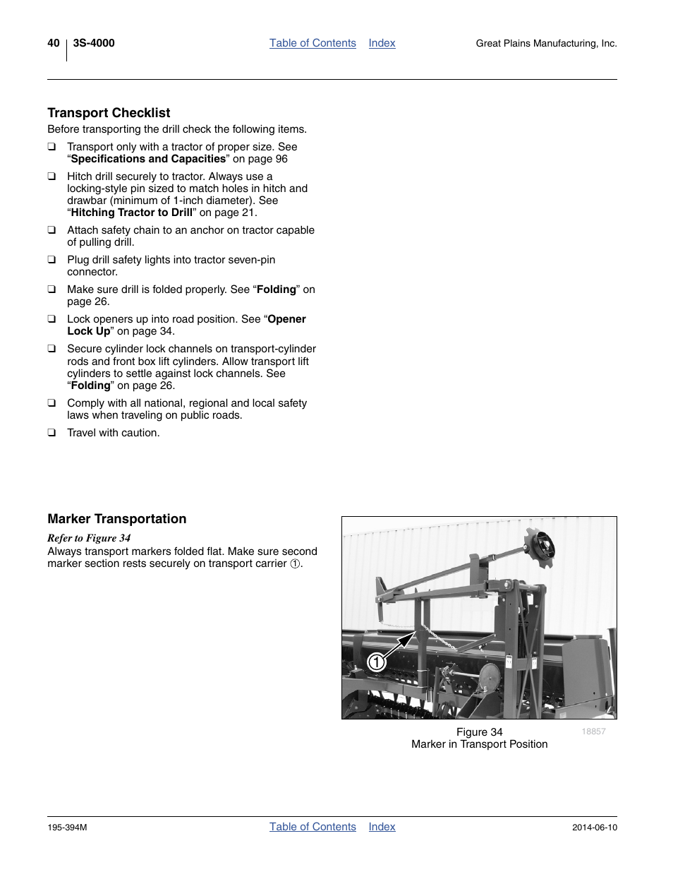 Transport checklist, Marker transportation, Transport checklist marker transportation | Great Plains 3S-4000F Operator Manual User Manual | Page 44 / 114