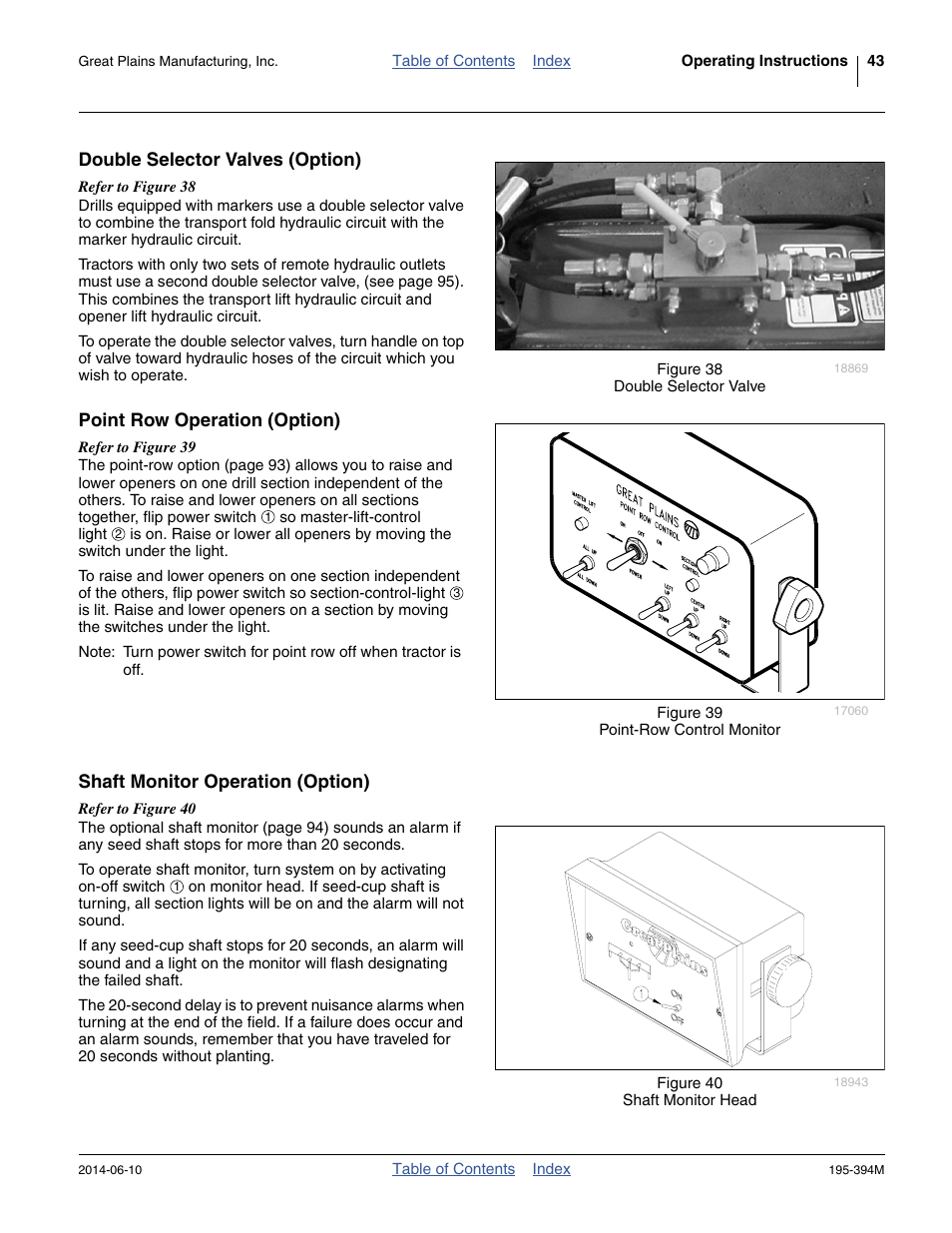 Double selector valves (option), Point row operation (option), Shaft monitor operation (option) | Great Plains 3S-4000F Operator Manual User Manual | Page 47 / 114